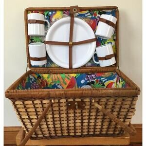Vtg Woven Wicker Rattan Picnic Basket Complete Plates Cups Flatware Fabric Lined
